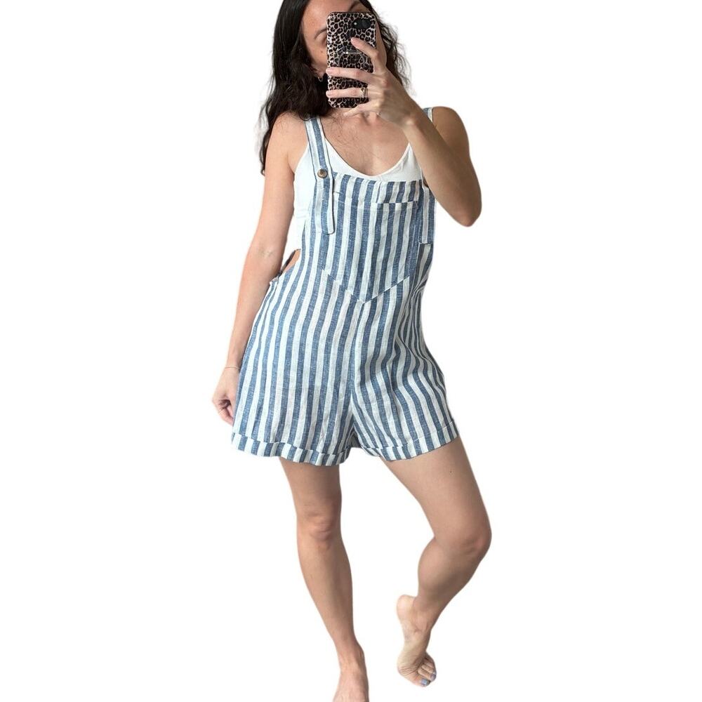 SEEK Linen Blue White Striped Short Dungaree Overalls Size S